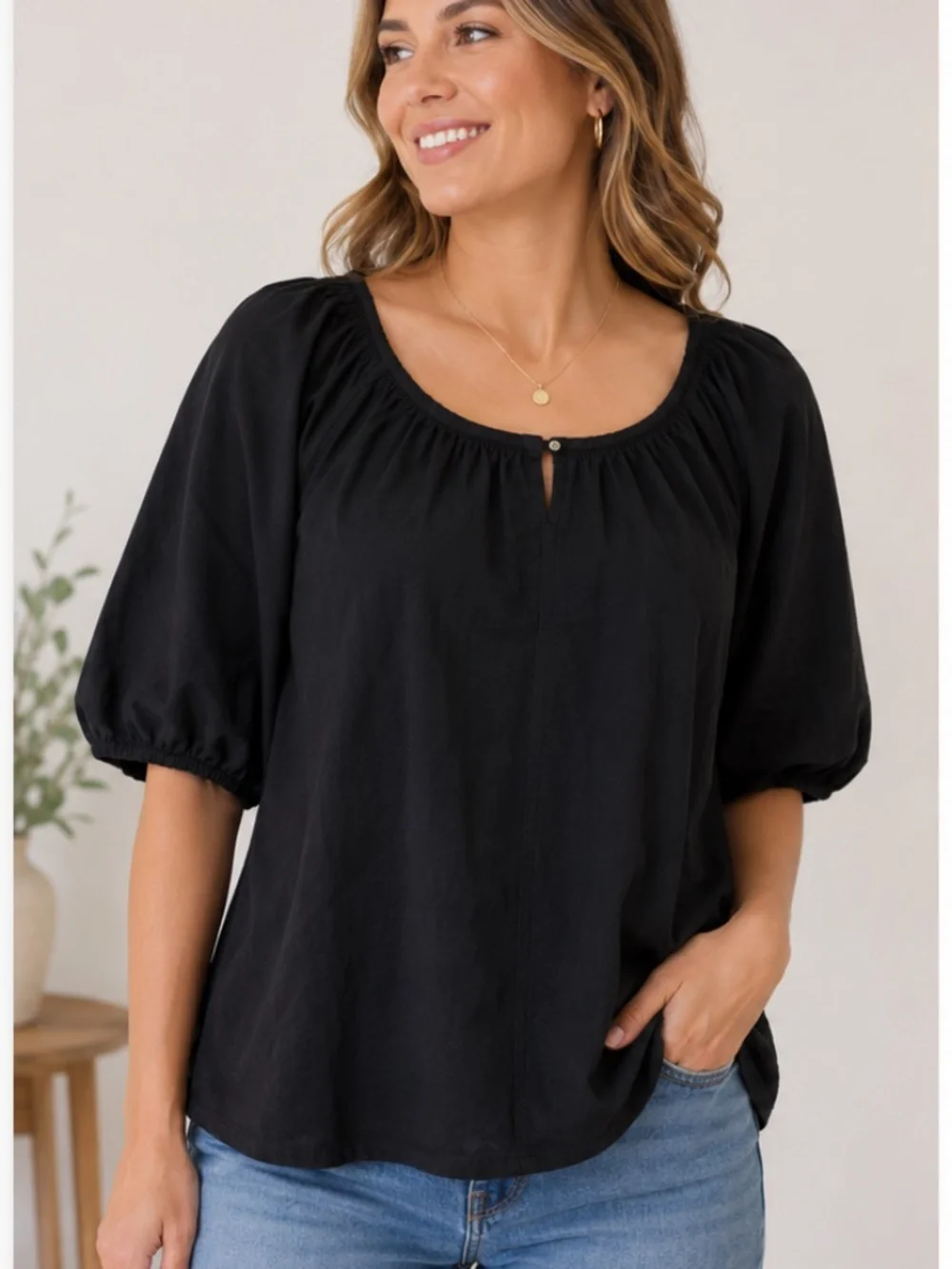 Women's Old Navy Black Peasant Puff Sleeve Blouse, Size Large